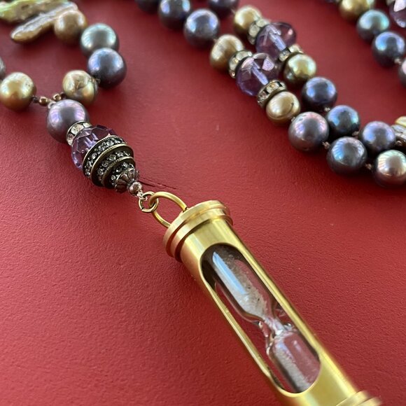 Hand Knotted Mixed Pearl Necklace with Hourglass Pendant, Long, Boho - Picture 4 of 5